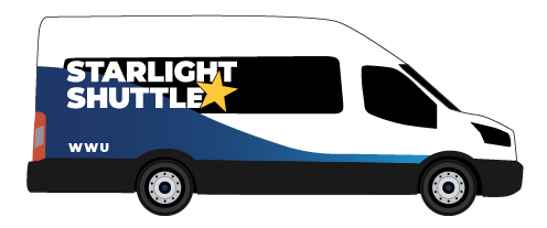 Transit van Starlight Shuttle with blue branding and white and yellow logo.