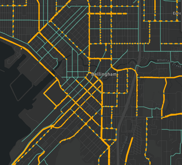 Thumbnail of Bellingham bike map, showing orange and blue lines on a dark gray basemap.