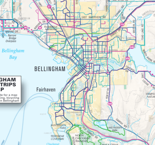 Thumbnail of the Whatcom County bike map, showing bike routes in the Bellingham area.