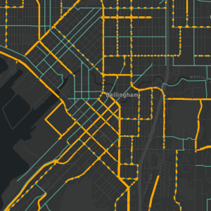 Thumbnail of Bellingham bike map, showing orange and blue lines on a dark gray basemap.